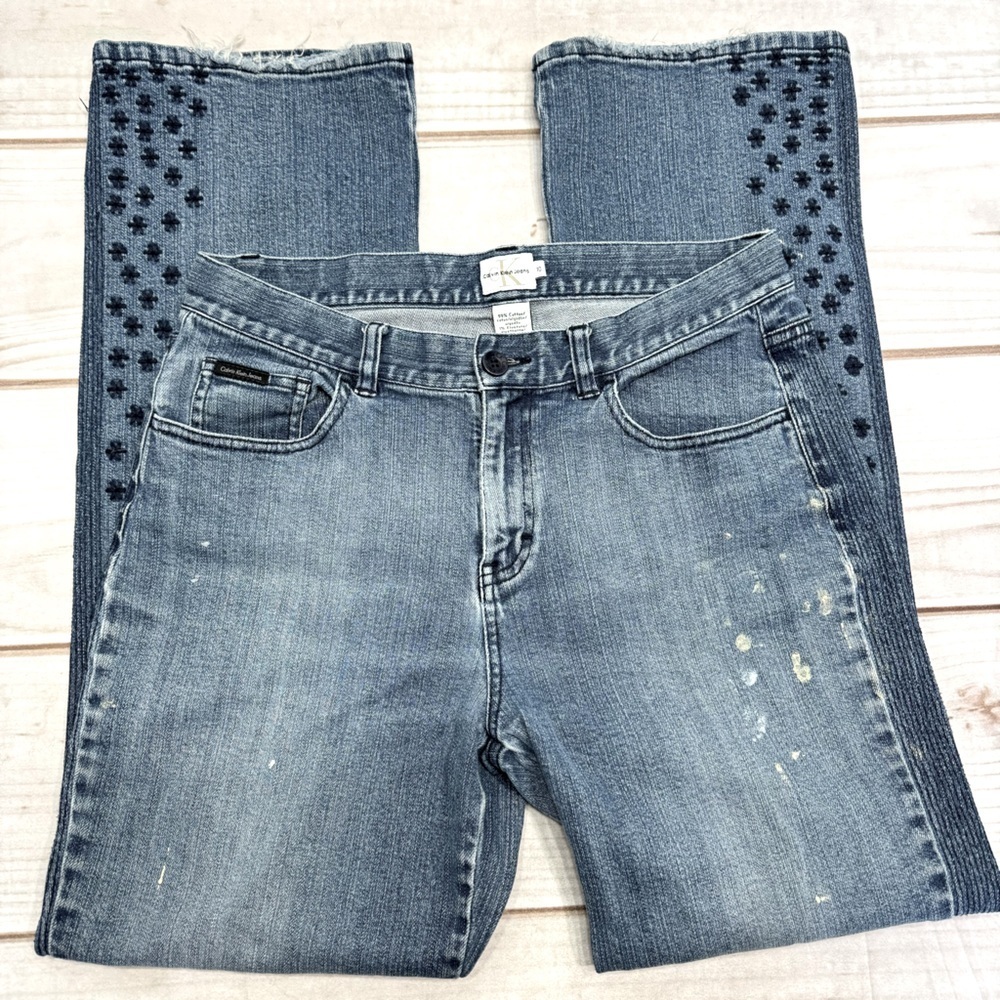 Calvin Klein Boot Cut Jeans Embroidered Flowers Distressed Painted Grunge Sz 10